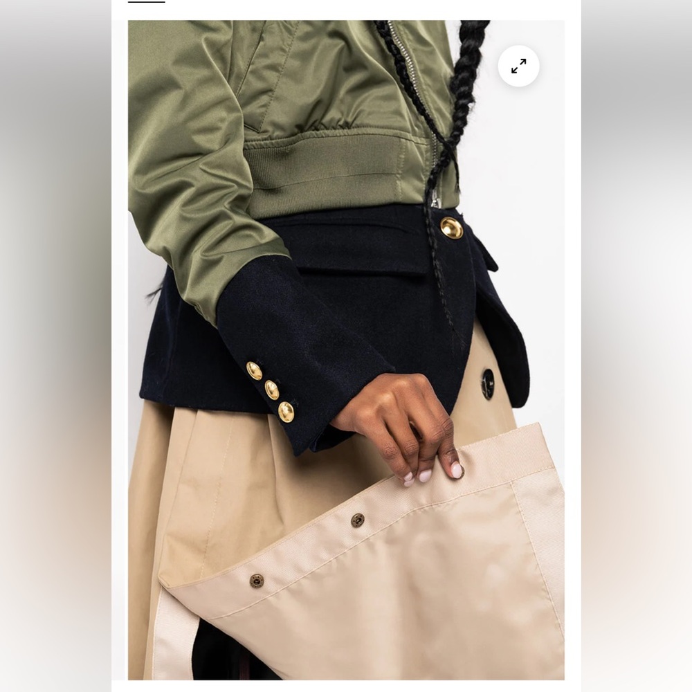 AKIRA Green and Black Bomber Jacket with Tan trench style coat at the bottom - Picture 4 of 5